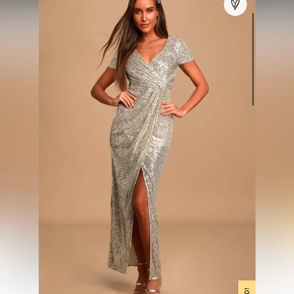 Ever New Shea Champagne Sequin Short Sleeve Faux-Wrap Maxi Dress lulus